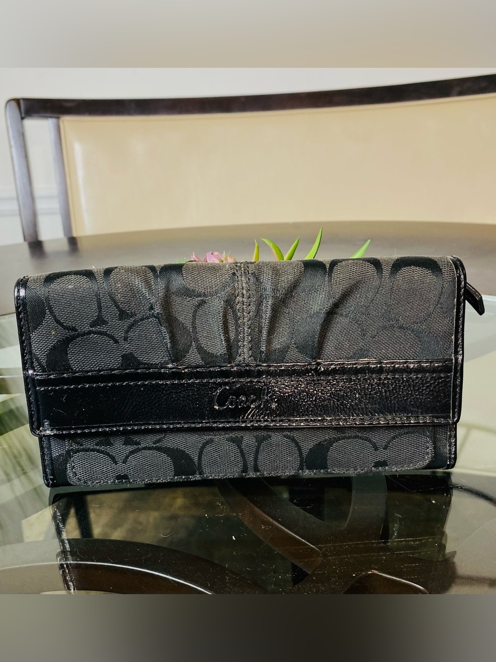 Coach Soho Black Signature Jacquard Pleated Wallet Checkbook Patent Trim Vintage